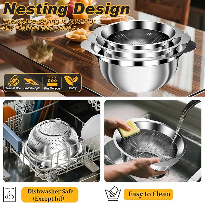 Stainless Steel Colander, 3Pcs Strainer for Kitchen Food with Handle Kitchen Gadget Food Strainer Basket for Washing Vegetables, Fruits, Rice, and Pasta, (2+2QT Colander + 3QT Mixing Bowl)