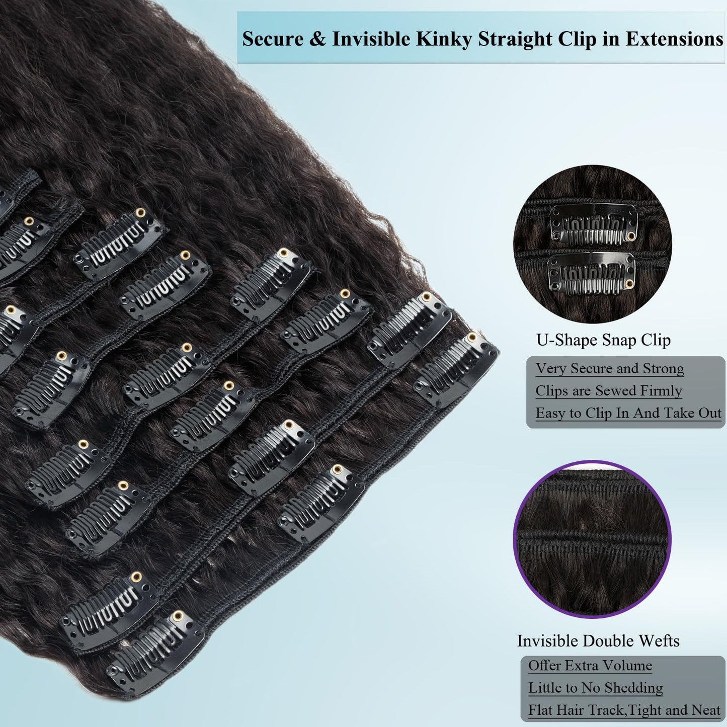 CiTake 16 Inch Yaki Straight Clip in Hair Extensions Real Human Hair for Black Women 90g/8pcs Double Weft 10A Brazilian Kinky St