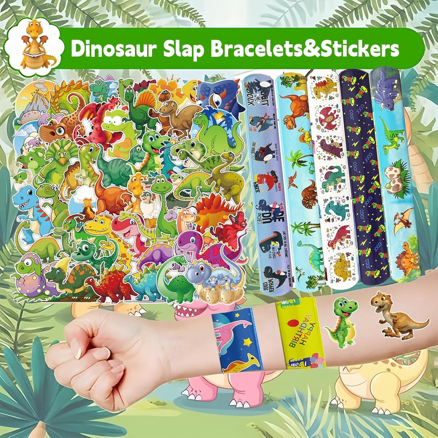 74Pcs Dinosaur Theme Party Favors Contain 24 Pcs Slap Bracelets 50Pcs Stickers, Dino Theme Birthday Party Decorations,Classroom Rewards Supplies.