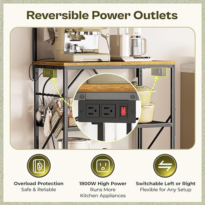 Huuger 4-Tier Bakers Rack with Reversible Power Outlet, 23.6 Inch Microwave Stand with Paper Towel Holder, Kitchen Bar, Larger Storage with Top Shelf, 6 S Hooks, Rustic Brown