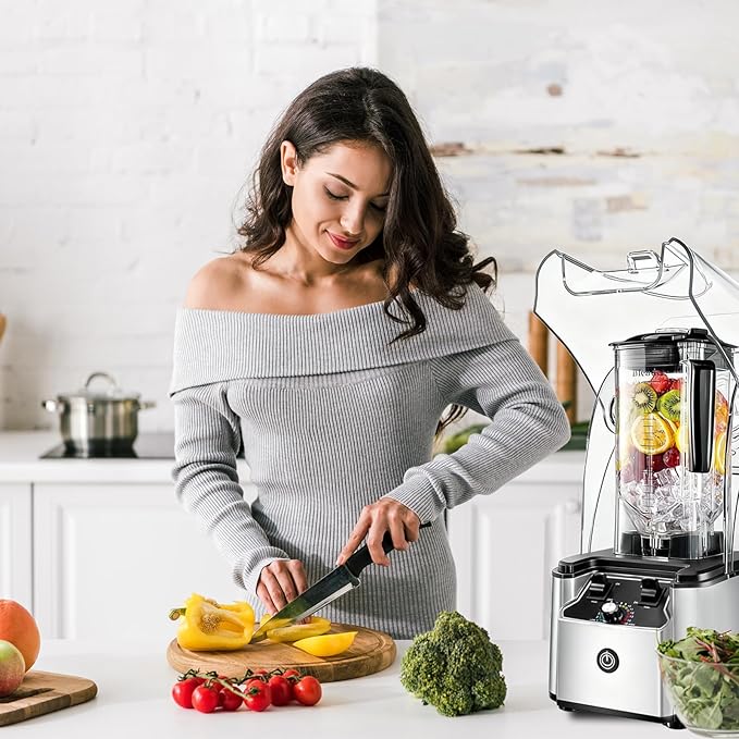 Commercial Blender for Smoothies 2200W With Soundproof Cover, 2200 ML, 15 Speeds, 6-leaves Stainless Steel Blade,Heavy Duty Blender for Restaurant,Ice Crush,Shakes, 9.5"D x 9"W x 19.7"H,Silver