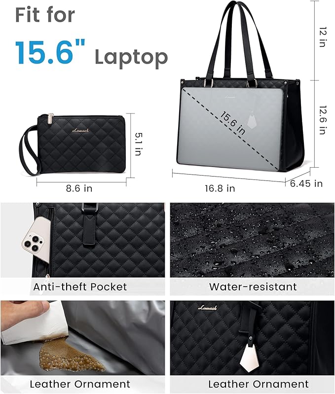 LOVEVOOK Lunch Tote Bag for Women, 15.6 Inch Laptop Bag with Insulated Lunch Compartment, Quilted Large Capacity Computer Handbag with Purse for Business, Work, Nurse, Office, Collage, Casual