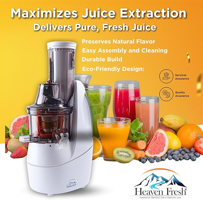 Heaven Fresh Cold Press Slow Masticating Juicer, Ultra-Quiet 240W Motor, Maximized Juice Yield, Included Frozen Dessert Strainer, Drip-Free Cap - Teal
