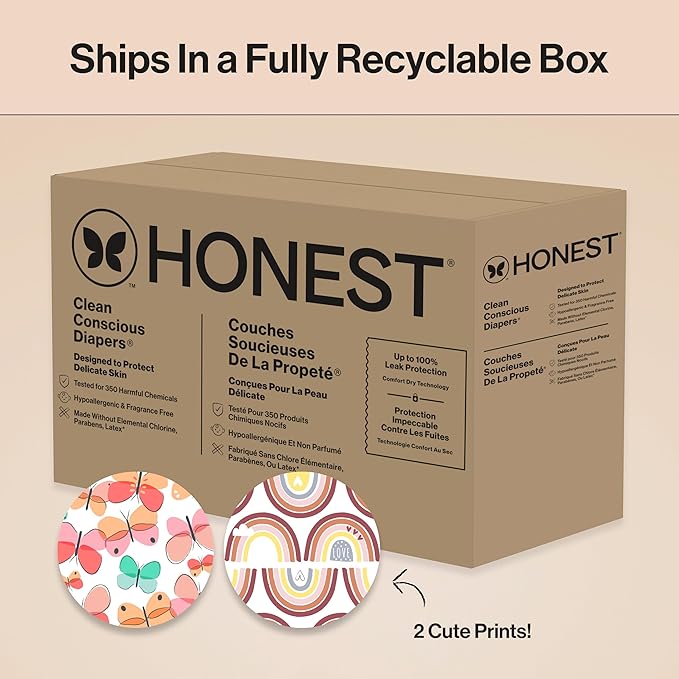 The Honest Company Clean Conscious Diapers for Sensitive Skin, Up to 100% Leakproof Hypoallergenic Fragrance-Free Baby Diapers, Girl Prints, Super Club Box, Size 5 (27+ lbs), 84 Count (Prints Vary)