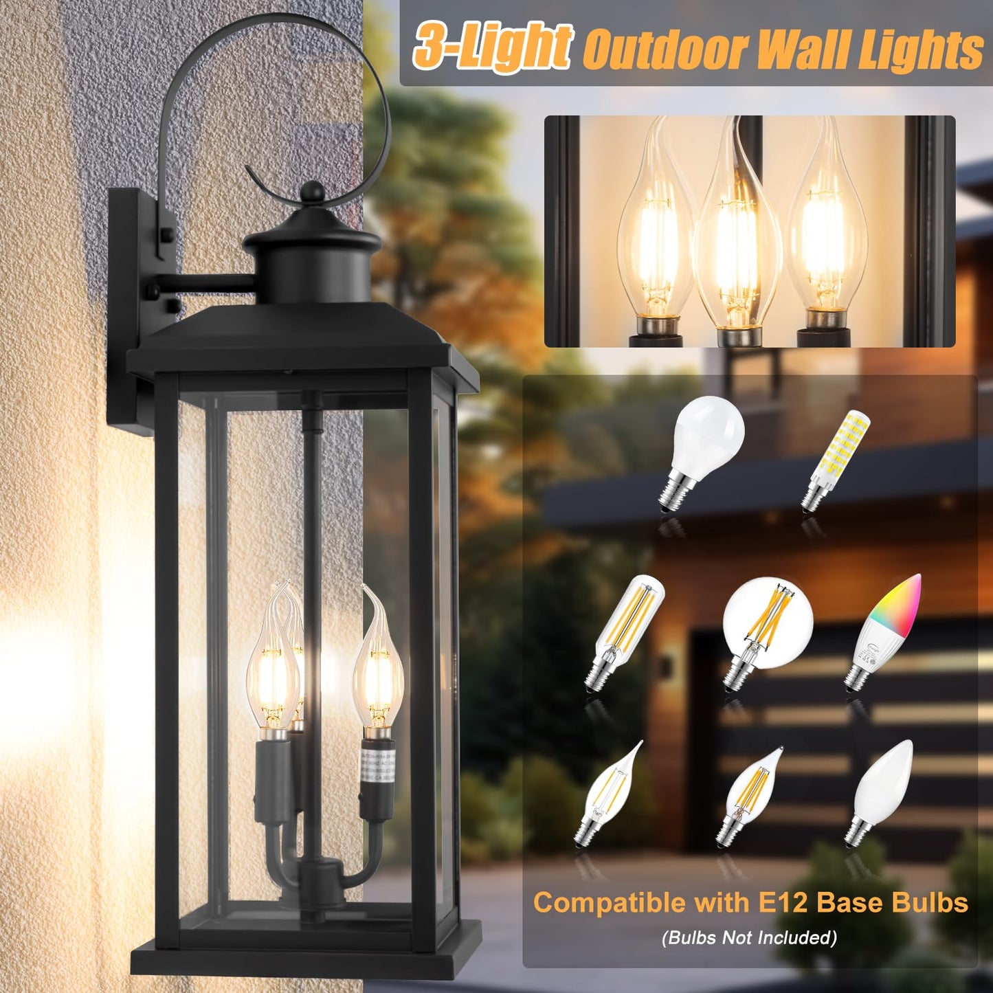 Siafavoi 24 Extra Large Outdoor Wall Light Fixture 2-Pack  Black 3-Light Modern Porch Lantern  Waterproof Exterior Lighting Sconce Wall Mount  Outside Lamp For House Garage Patio E12 Base