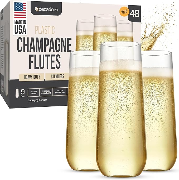 DECADORN Clear Stemless Champagne Flutes Plastic 48 Pack - 9oz Plastic Champagne Glasses - Durable and Sturdy Mimosa Glass...