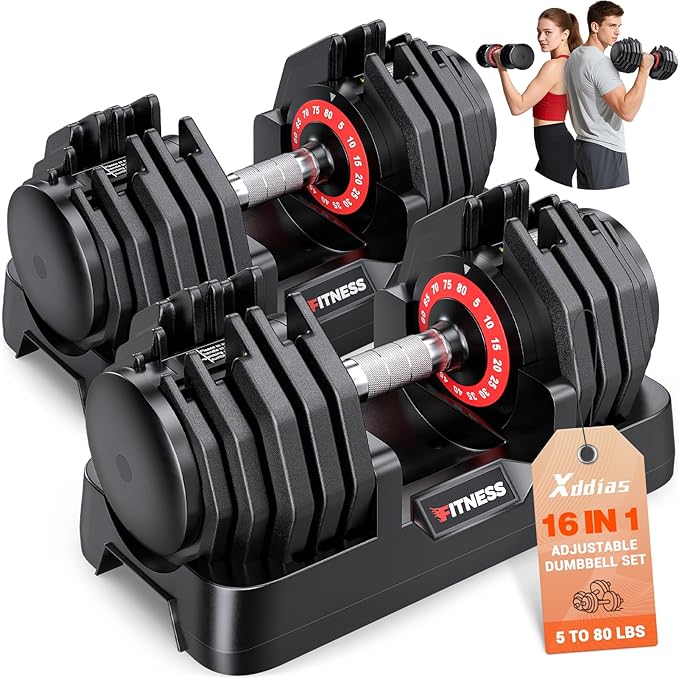 XDDIAS Adjustable Dumbbell Set of 2, 25/55/80LB Dumbbell Set-Fast Adjust Weights Set, 5/10/16 in 1 Free Weights Dumbbells ...