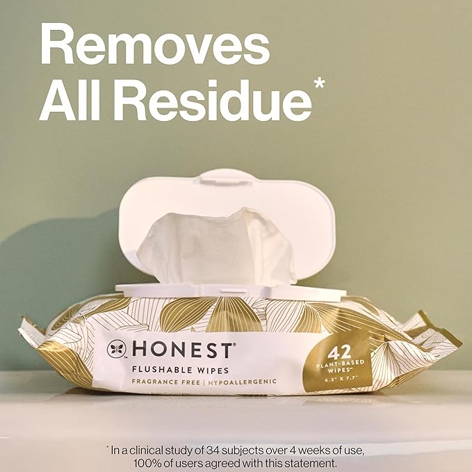 The Honest Company Flushable Wipes for Sensitive Skin, Fragrance-Free Hypoallergenic pH-Balanced Feminine Wipes, 99% Water Safe-to-Flush Wipes, Gilded Wings, 126 Count