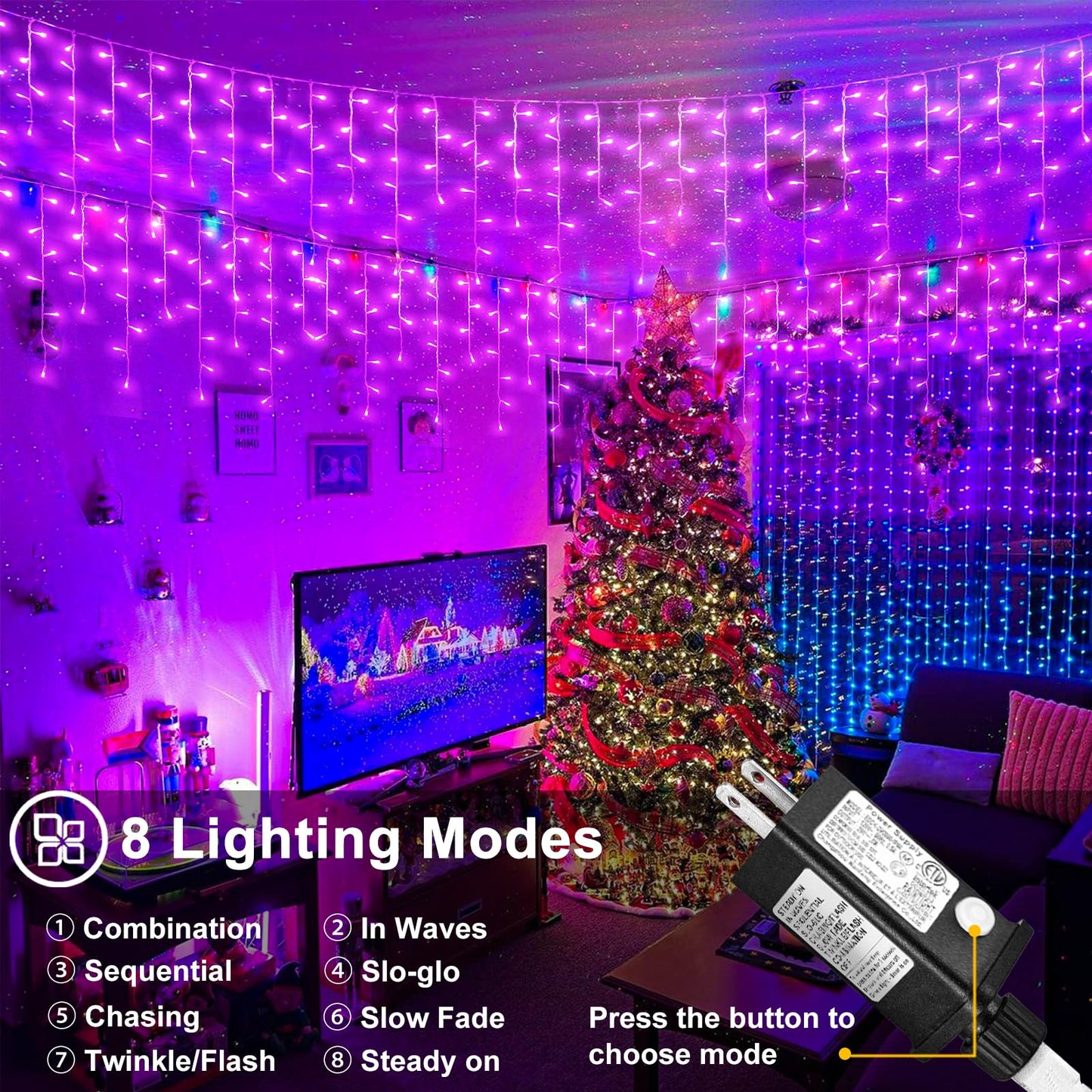 Nielfoi 400 LED Icicle Lights, 33ft Purple Outdoor String Lights, Waterproof, 8 Modes, Copper Wire for Holiday Decoration