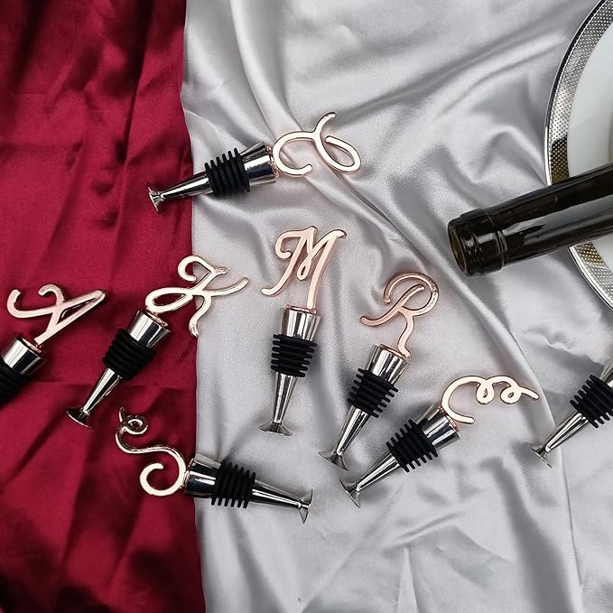 Monogram Wine and Beverage Bottle Stopper, Initial letter wine stoppers Decorative, Creative Wine Gift for Kitchen Bar Wedding Rose Gold Finish,Reusable, letter A