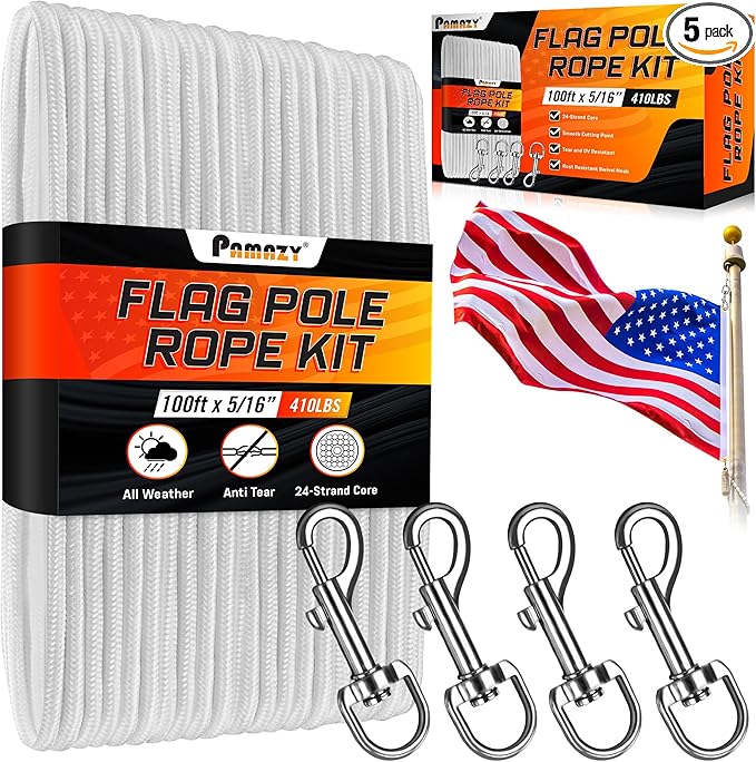 [Upgraded] 5/16” 100Ft Flagpole Rope Kit with 4 Pcs 3.3” Swivel Snap Hook - High Weight Bearing Anti-Tearing Utility Rope ...