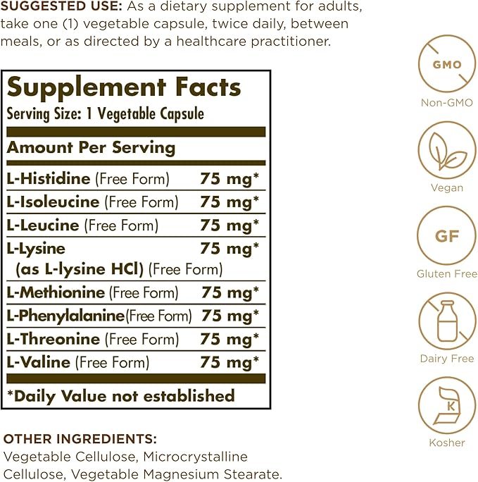 SOLGAR Essential Amino Complex - 90 Vegetable Capsules, Pack of 2 - Non-GMO, Vegan, Gluten Free, Dairy Free, Kosher - 180 Total Servings