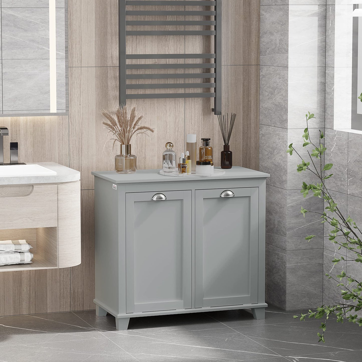 Amacv Tilt-Out Laundry Sorter Cabinet, Bathroom Storage Organizer with Two-Compartment Tilt-Out Hamper, Gray