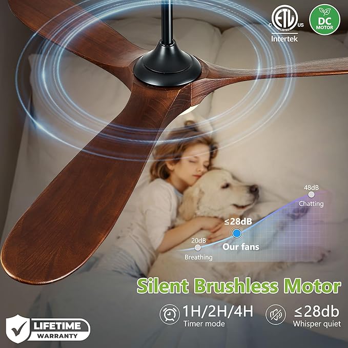 72 Inch Ceiling Fans with Lights, Solid Wood Propeller Large Ceiling Fans with Lights and Remote Control Modern Outdoor Ceiling Fan for Patios Gazebo Farmhouse Indoor High cfm ETL, Dark Walnut