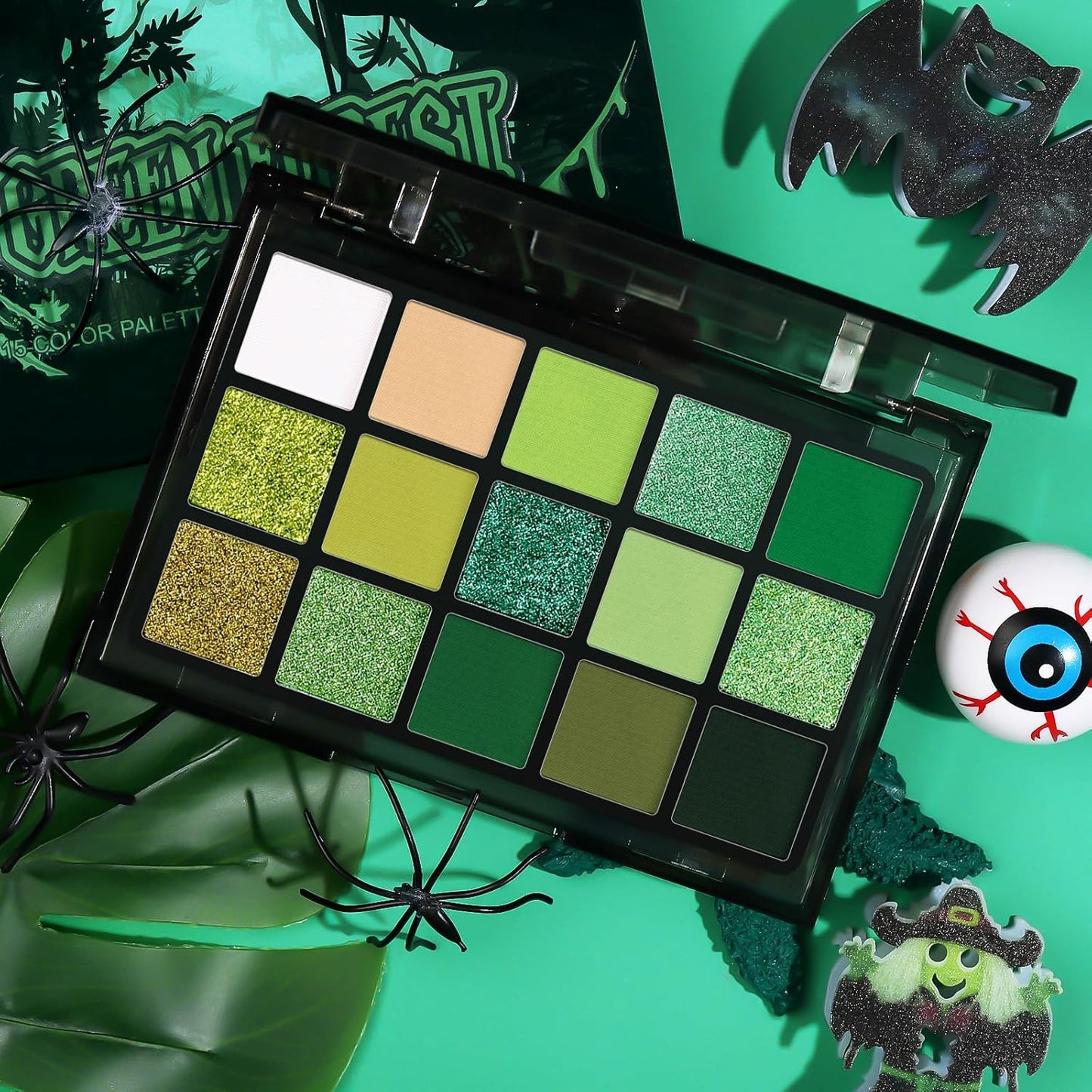 UCANBE Green Eyeshadow Makeup Palette, 15 Colors Bright Dark Green Shimmer Matte Metallic Glitter Eye Shadow, Forest Emerald Lime Pallet Kit for Cosplay Parties Christmas Halloween SFX
