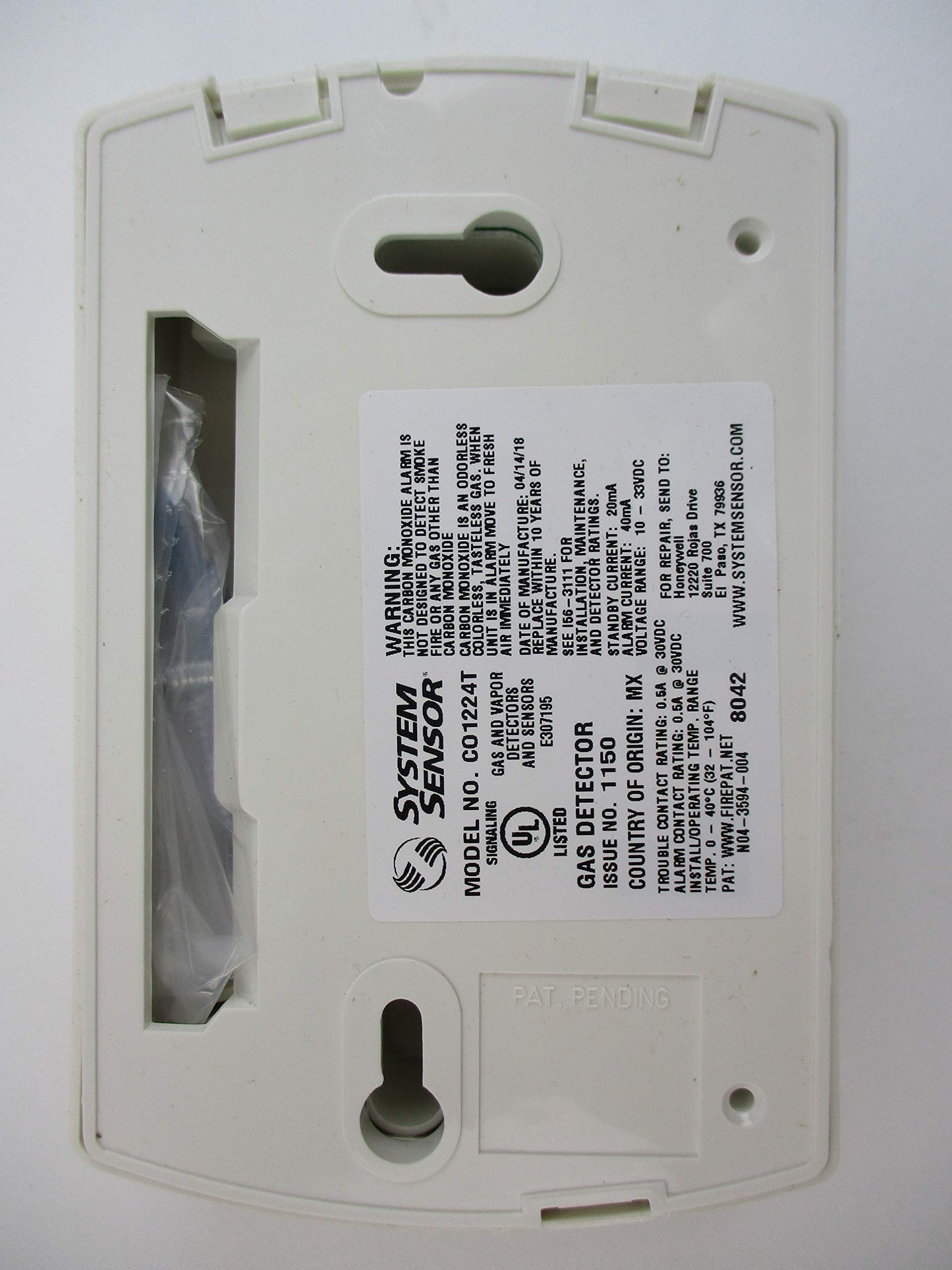 SYSTEM SENSOR CO1224T 12/24 volt, 4-wire, system-monitored C02 carbon monoxide detector w/ RealTest Technology