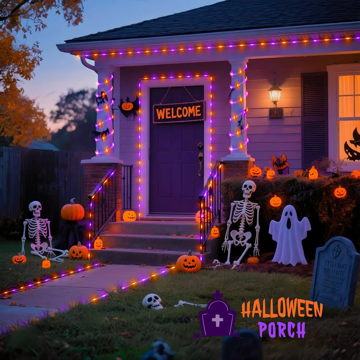 Jmexsuss Orange Purple Halloween Solar Lights  66 Ft 200 Led Purple Rope Lights Outdoor Waterproof  Orange Christmas String Lights For Halloween Fall Party Tree Christmas