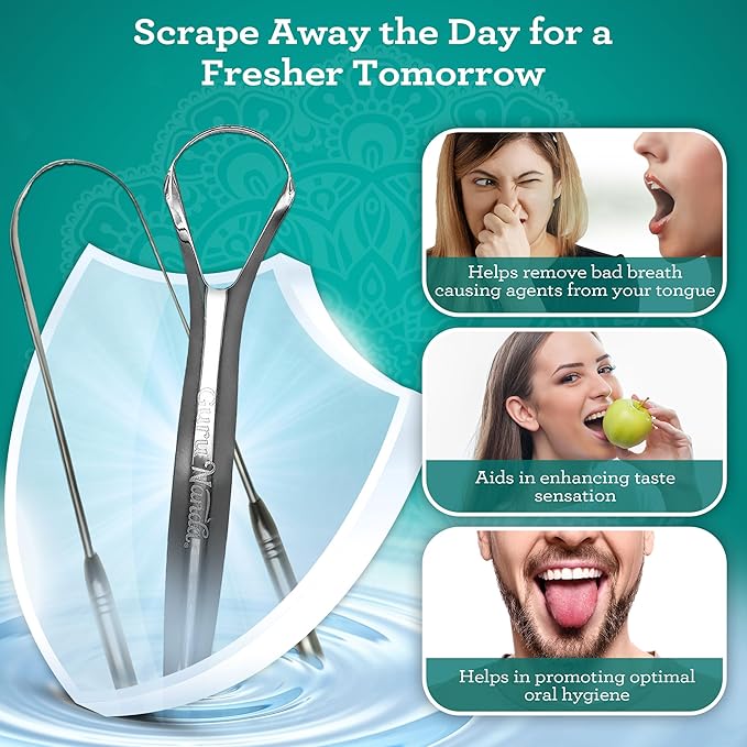 GuruNanda Spoon & U-Shaped Tongue Scraper Variety Pack (2 Pack) with Travel Case, 420 Medical Grade Stainless Steel, Promotes Fresh Breath & Oral Care