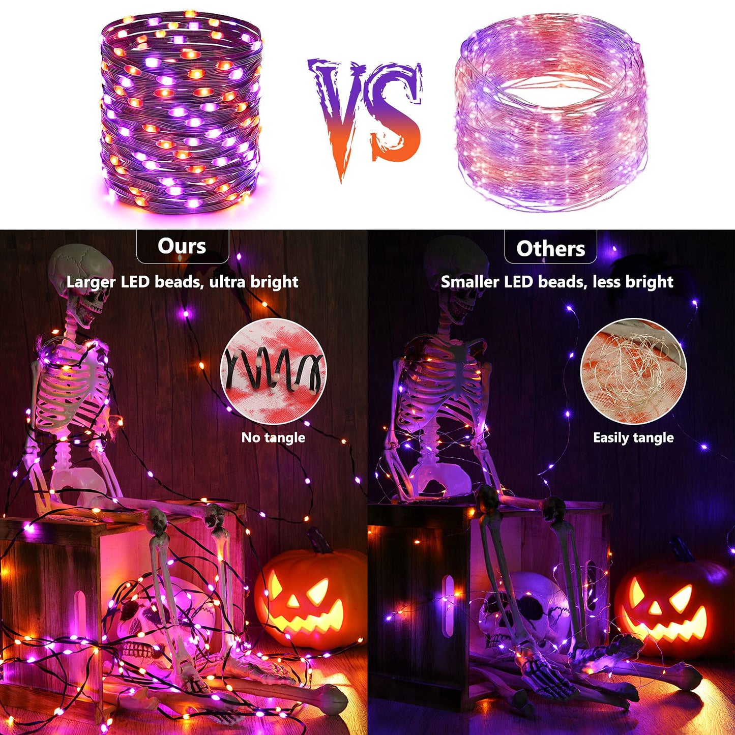 Brizled Orange & Purple Halloween String Lights - 72Ft 200 Led Outdoor Connectable  8 Modes  Indoor Tree Black Wire For Party Haunted House Decor