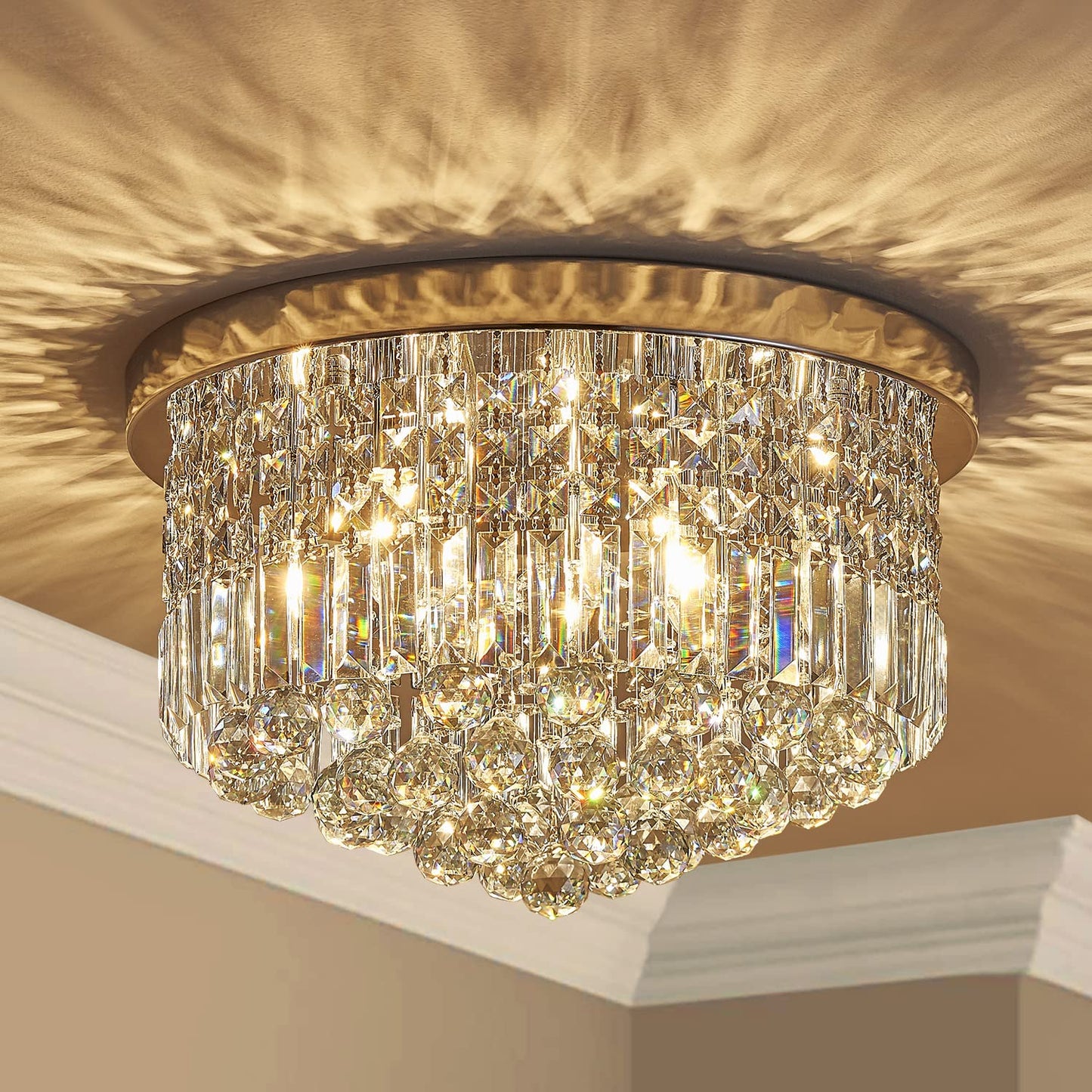 SM Saint Mossi 9 Light Modern K9 Crystal Chandelier, Flush Mount, H 11in x D 20in, Light Blue Crystal & Chrome Finish, Model SM-DY-22017-