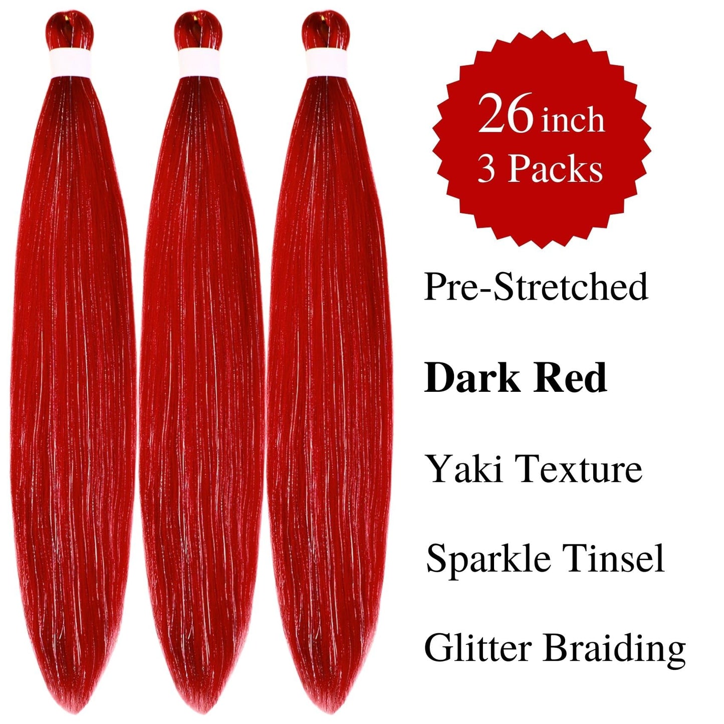 Gozill Red Tinsel Braiding Hair Pre stretched Prestretched Twist Braiding Hair Extensions Colored Hypoallergenic Synthetic Ez Br