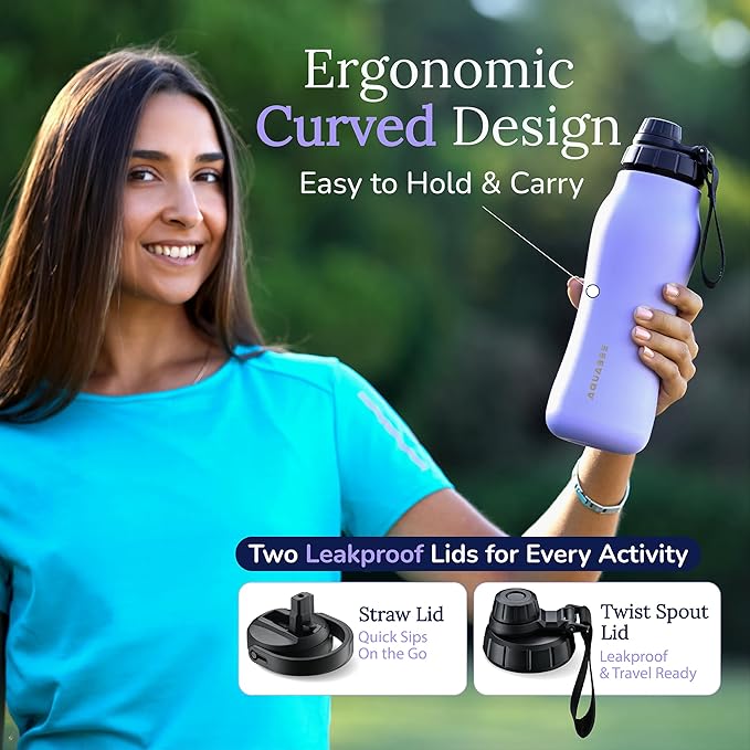 Insula Stainless Steel Water Bottle with Spout & Straw lid, BPA Free & Leakproof, Double Walled Vacuum Insulated water bottle for Sports, Bike, Travel & Hiking (Lavender, 24 Oz)