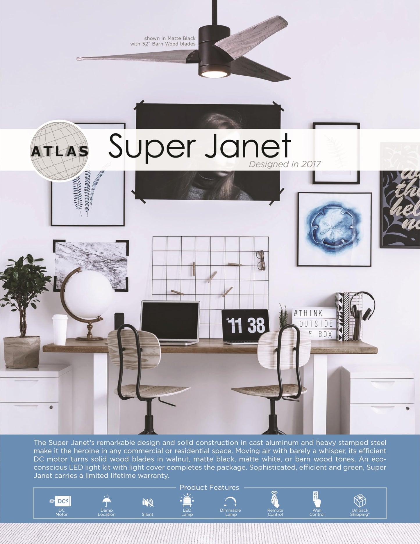 Matthews Sj-Tb-Wn-52 Super Janet Outdoor/Indoor Damp Rated 52 Ceiling Fan With Led Light And Remote & Wall Control, Silent Dc Mo