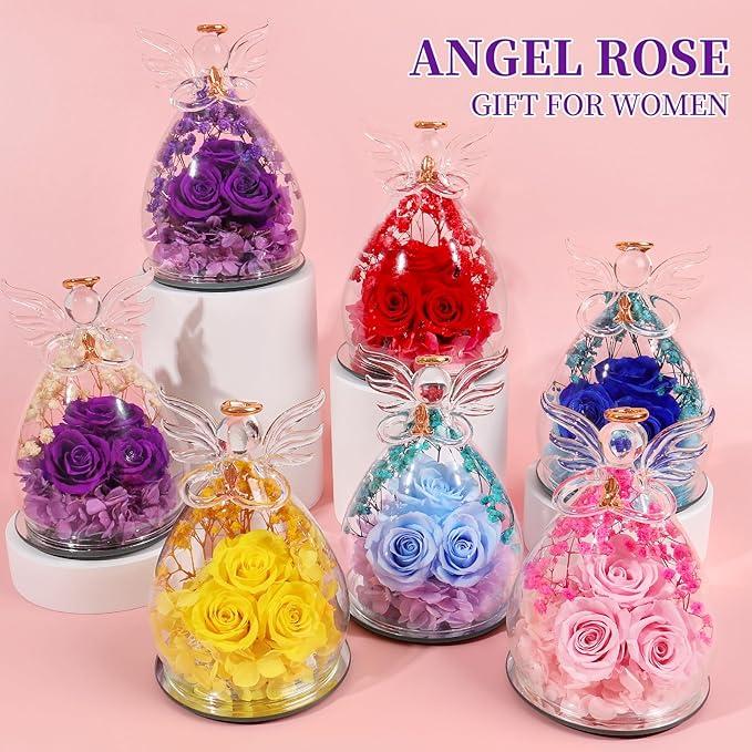 Beferr Valentines Day Rose Gifts for Her Women Mom Gifts for Birthday, Fresh Flowers for Delivery Forever Preserved Rose in Glass Angel Figurine, for Grandma Wife Daughter Girlfriend