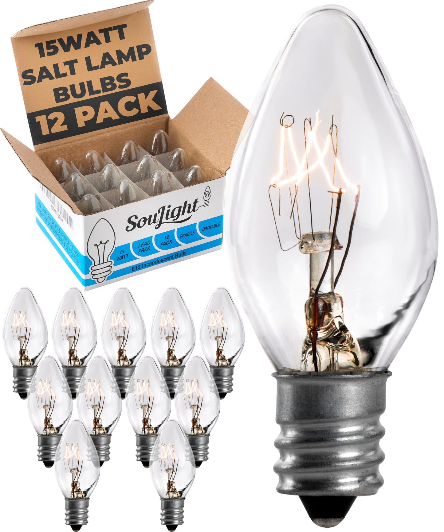 SouLight Salt Lamp Light Bulb - 15 Watt Replacement Bulbs for Himalayan Salt Lamps & Baskets, Chandeliers, Candle & Wax Warmers, Night Light Bulbs. E12 Socket, C7, Warm White – 12 Pack