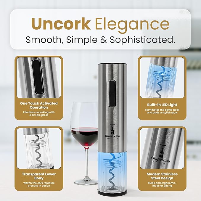 GrapeVibeEssentials 5-in-1 Electric Wine Opener gift Set – Rechargeable Automatic Wine Bottle Opener with Charging Base, Foil Cutter, Aerator Pourer & Vacuum Stoppers