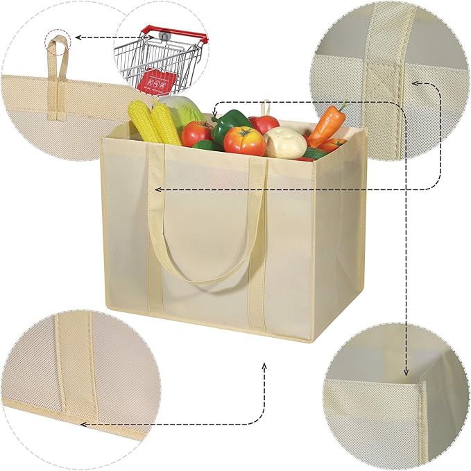 DIOMMELL 10 Pack Reusable Grocery Bags Extra Large Super Strong Heavy Duty Shopping Tote Bags with Reinforced Handles, Beige