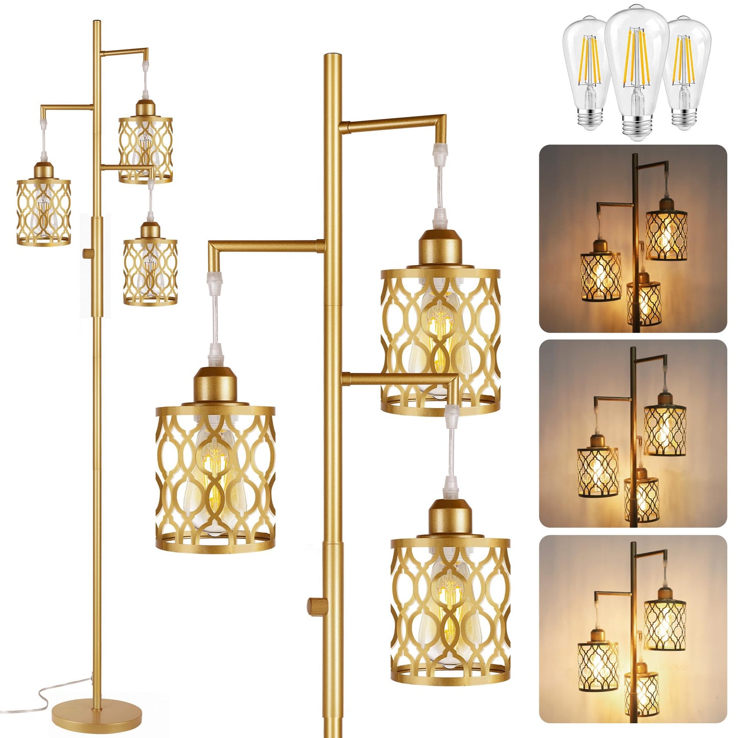 Rottogoon 68 Dimmable Gold Floor Lamp, 3-Light Rustic Design With Metal Shade, Includes 3X 6W E26 Bulbs, Model Rodlldd243