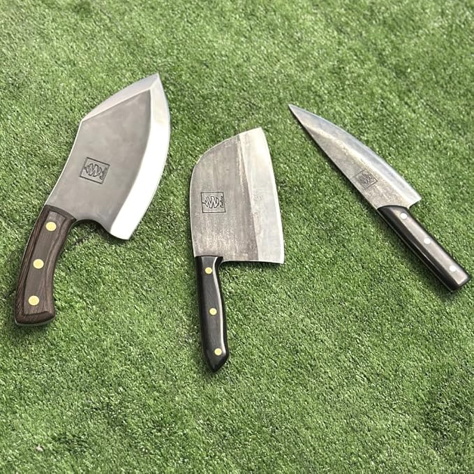 COOLINA Knife Set – Lixy, Tungsten & Promaja Knives Bundle – 3-Piece Hand-Forged Carbon Steel Kitchen & BBQ Knives – Full Tang Butcher, Chef & Cleaver with Wooden Handles