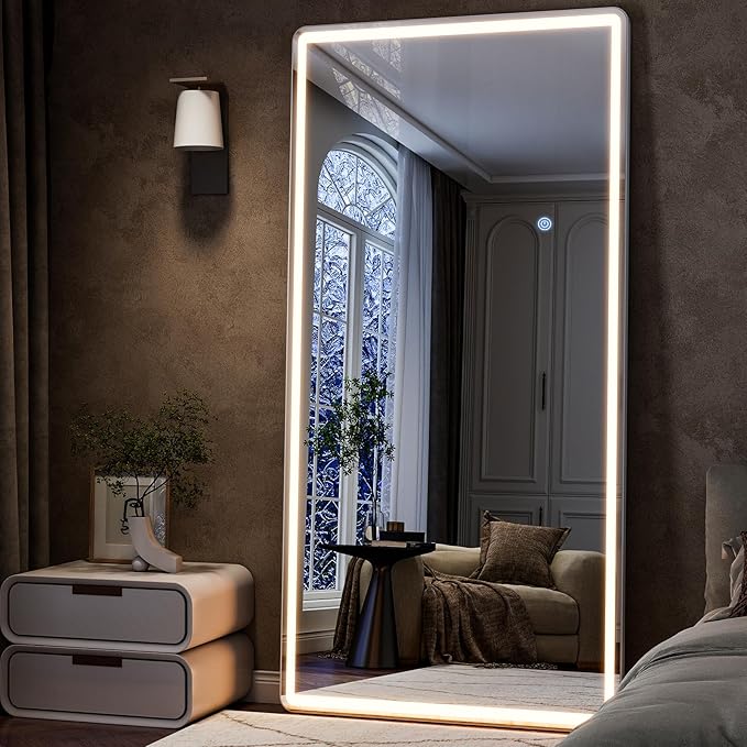 GLSLAND 26"x68" LED Full Length Mirror - Full Body Mirrors with Lights Dimmable 3 Color Lighting Floor Standing Mirror Hanging for Bedroom Living Room Cloakroom,White
