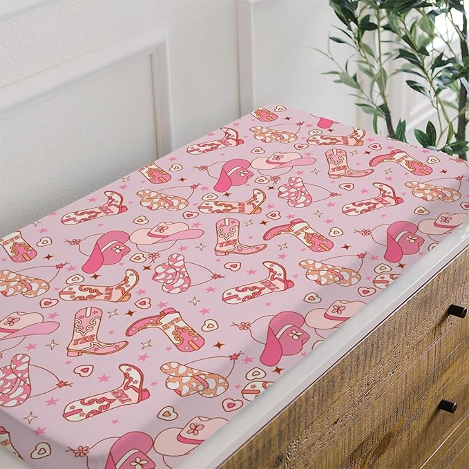 Western Cowgirl Yee Haw Hat Boots Changing Pad Cover for Baby Girls, Pink Cow Lover Star Wild West Diaper Change Table Covers, Soft Stretchy Safe Snug Fitted Changing Mat Sheets Fit 32