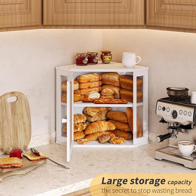 Corner Bread Box for Kitchen Countertop,Bread Storage for Homemade Bread, Double Layer Large Bamboo Kitchen Storage Bin with Window (White, Medium)