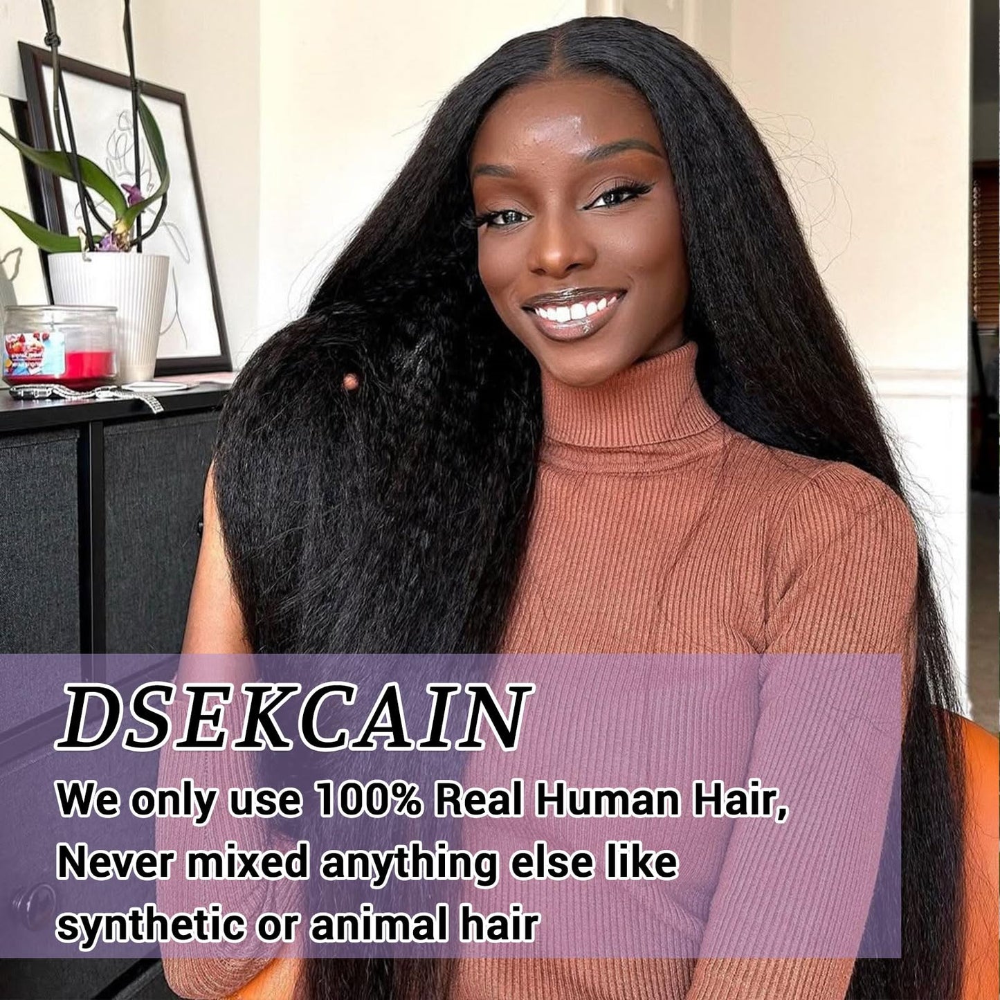 DSEKCAIN Kinky Straight V Part Wig Human Hair Glueless Clip In 100% Real Human Hair Yaki Straight V part Wigs No Glue No Sew In