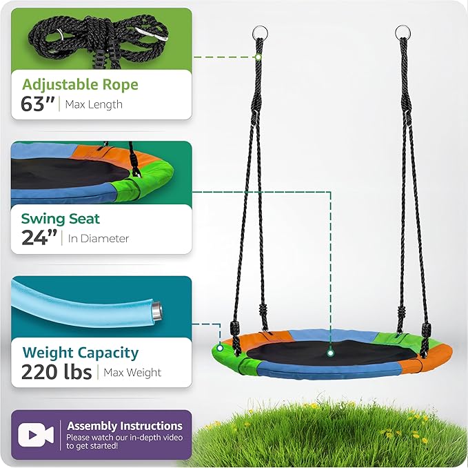 Sorbus 24" Saucer Tree Swing for Kids- 220lbs Outdoor Swing Fun- Tree Glider Therapy Swing-Durable Multi-Strand Adjustable Ropes Swing Seat- Trampoline Net Swing for Indoor/Outdoor, Accessory Included