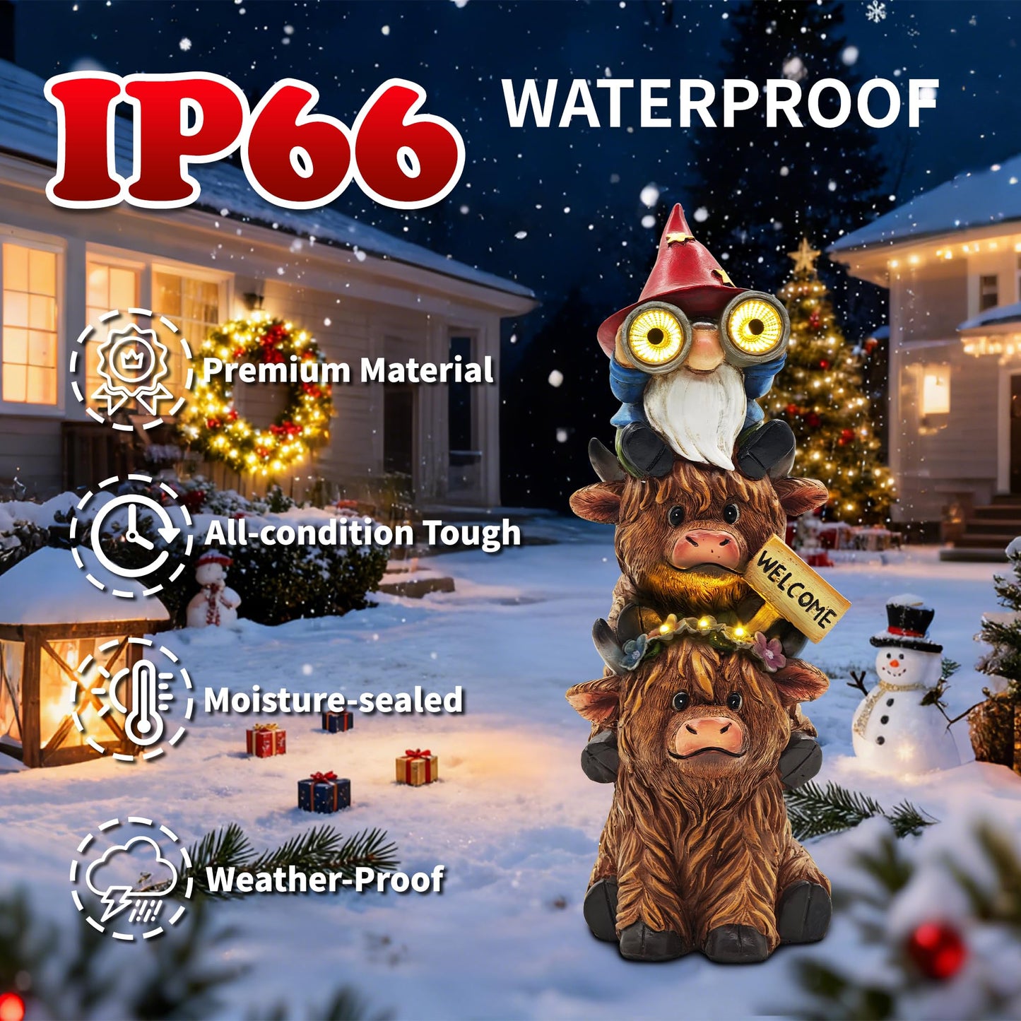 Cffownug Christmas Garden Gnomes Outdoor Statue: 11 Highland Cow Decor With Welcome Sign Funny Triple Yard Decorations With Solar Light Unique Birthday Gifts For Women Mother Grandma