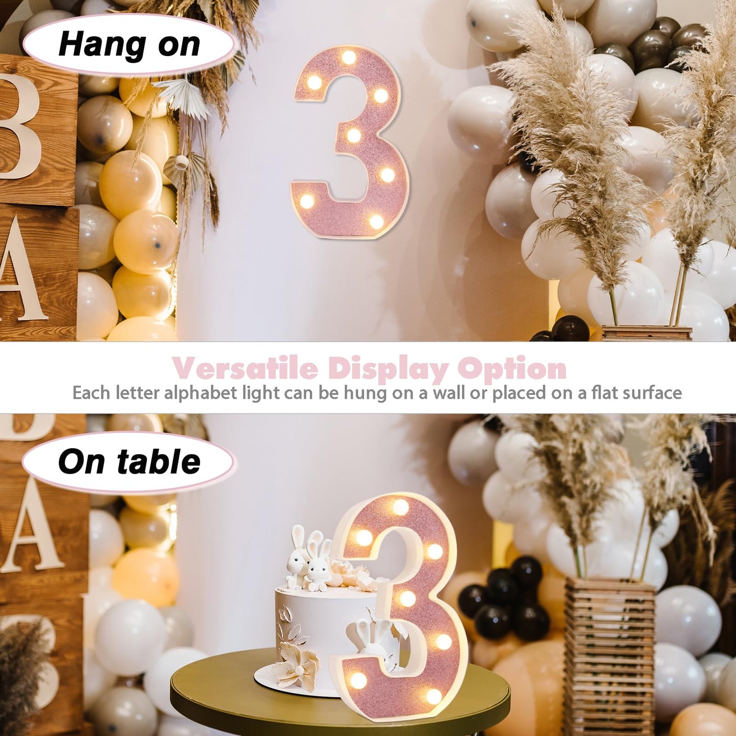 DyingSwan LED Marquee Number Light, 8.58 Inch, Pink Glitter, Battery Powered, Table Decor, Number 3