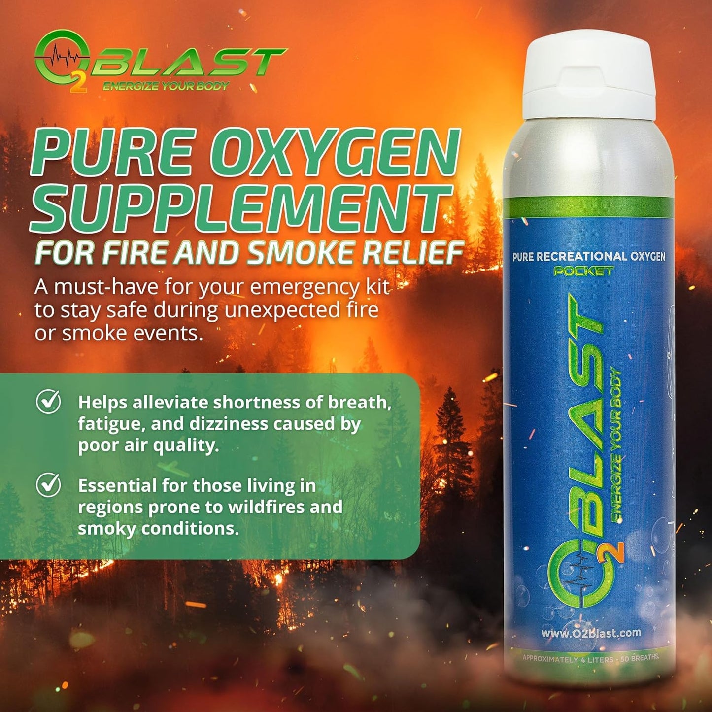 O2 Blast - Portable Oxygen Can, Filled with 99.99% Pure Oxygen in a Can with Breathing Mask for Sports, Travel, and High Altitude Use | On-The-Go Air Support for Hiking and Outdoors – 10L, 6-Pack