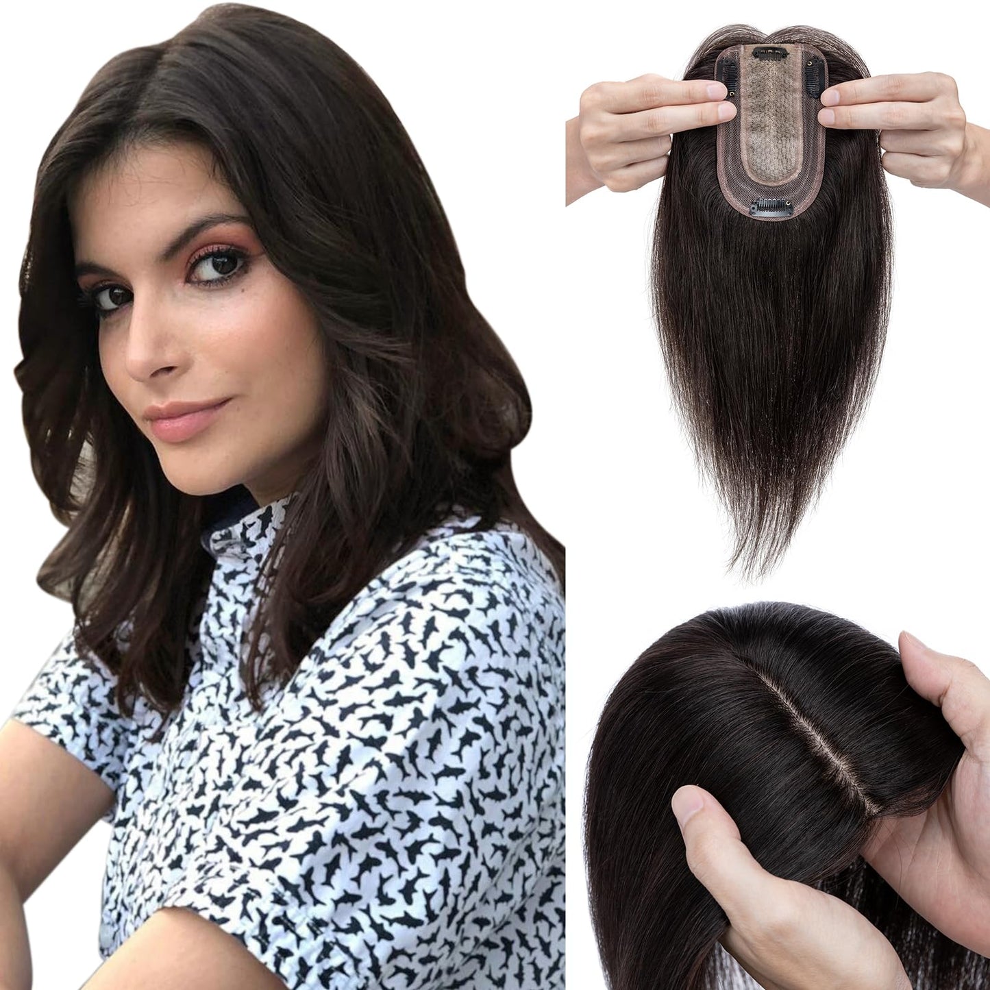 Elailite Hair Toppers for Women Real Human Hair Topper Thinning Thin 5.1x2.8 Silk Base Clip in Remy Hairpieces 10 Inch Natural B