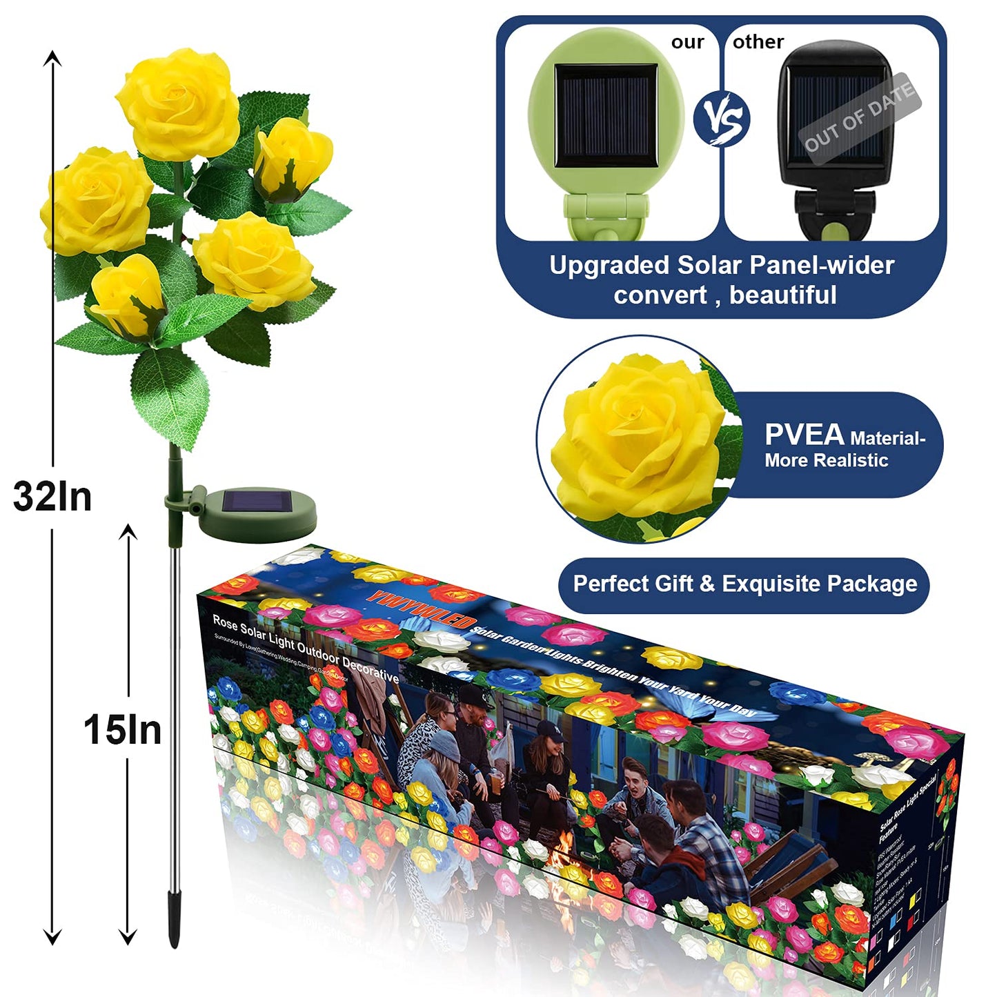 YWYWLED Solar Flower Lights Outdoor LED Waterproof, 5 Roses, 1 Pack, Yellow, Model 2023-5-12