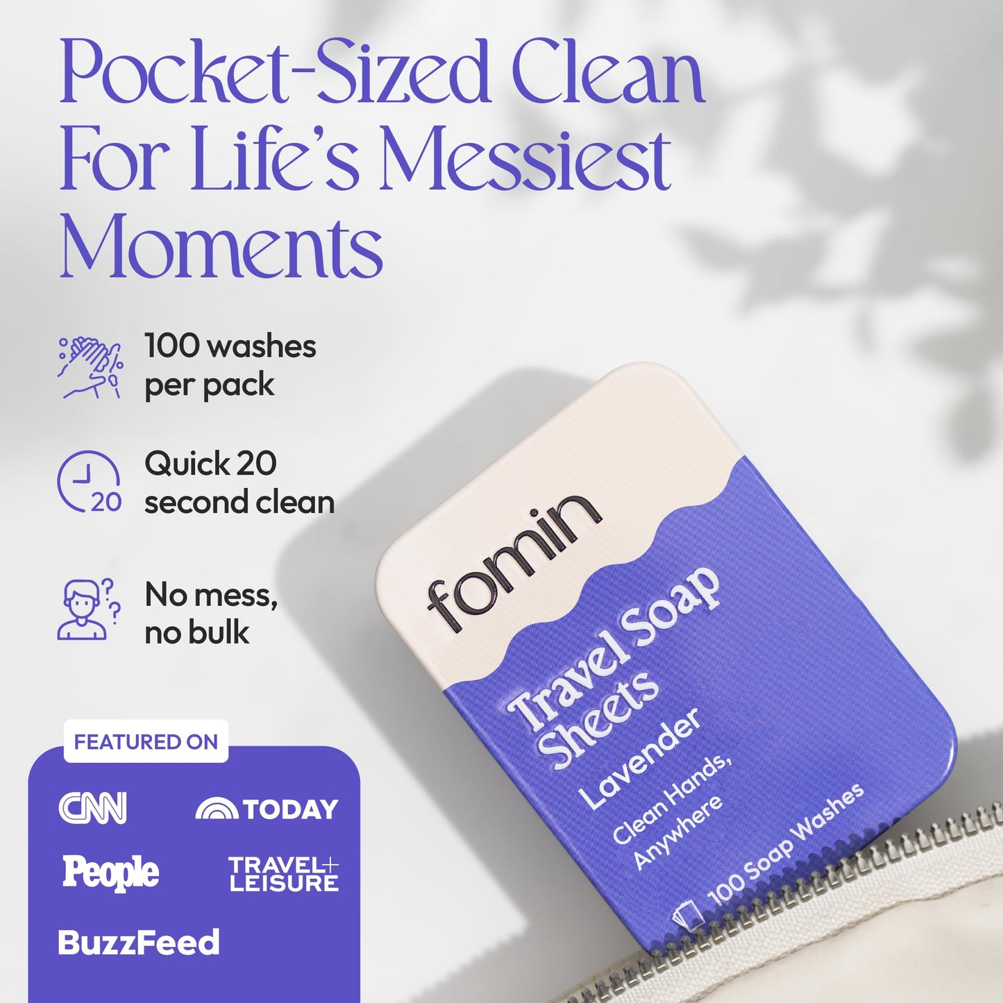 FOMIN - Antibacterial Paper Soap Sheets Tin for Traveling - (100 Sheets) Lavender Portable Travel Hand Soap Sheets, Dissolvable