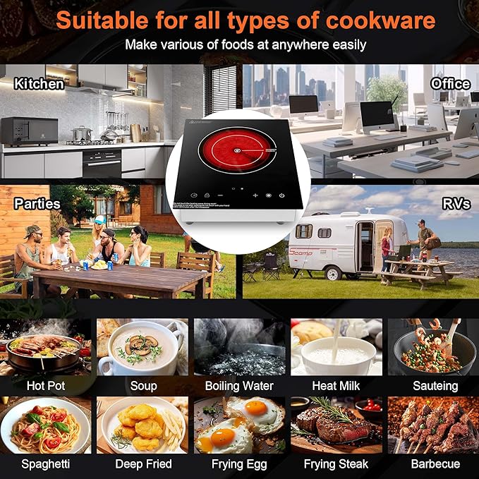 Dual Coils Design of Single Burner Electric Cooktop, 1800W Infrared Ceramic Hot Plate for Cooking, Portable Countertop or 12 inch Built-in Radiant Stove Top Cooker, Compatible with All Cookware