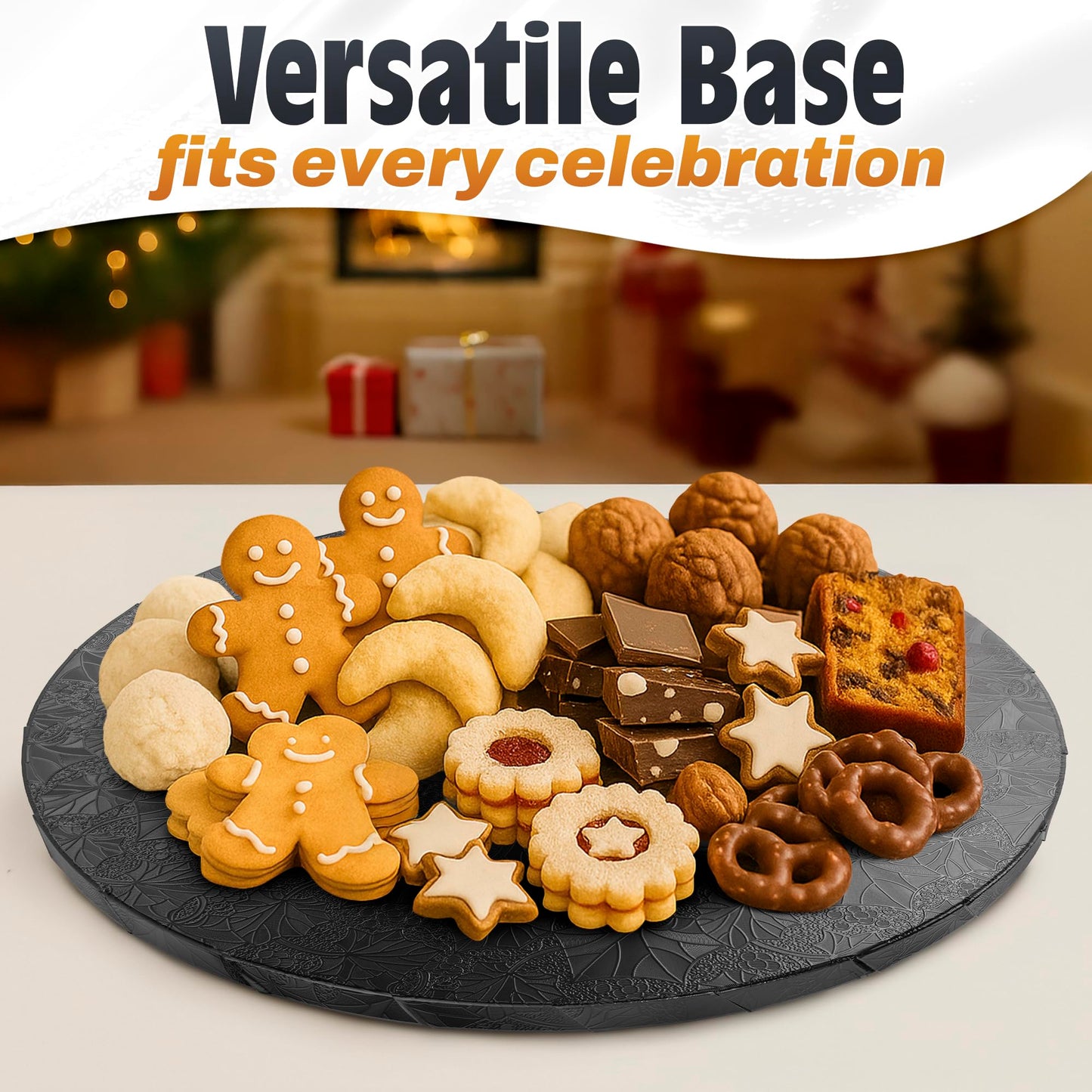 12 Inch Cake Drum - Black Round 12 Inch Cake Boards for Holiday Dessert Presentation, Grease and Moisture Resistant, Thick Durable Material with Fancy Pattern, Great for Valentine day & Birthday Cakes
