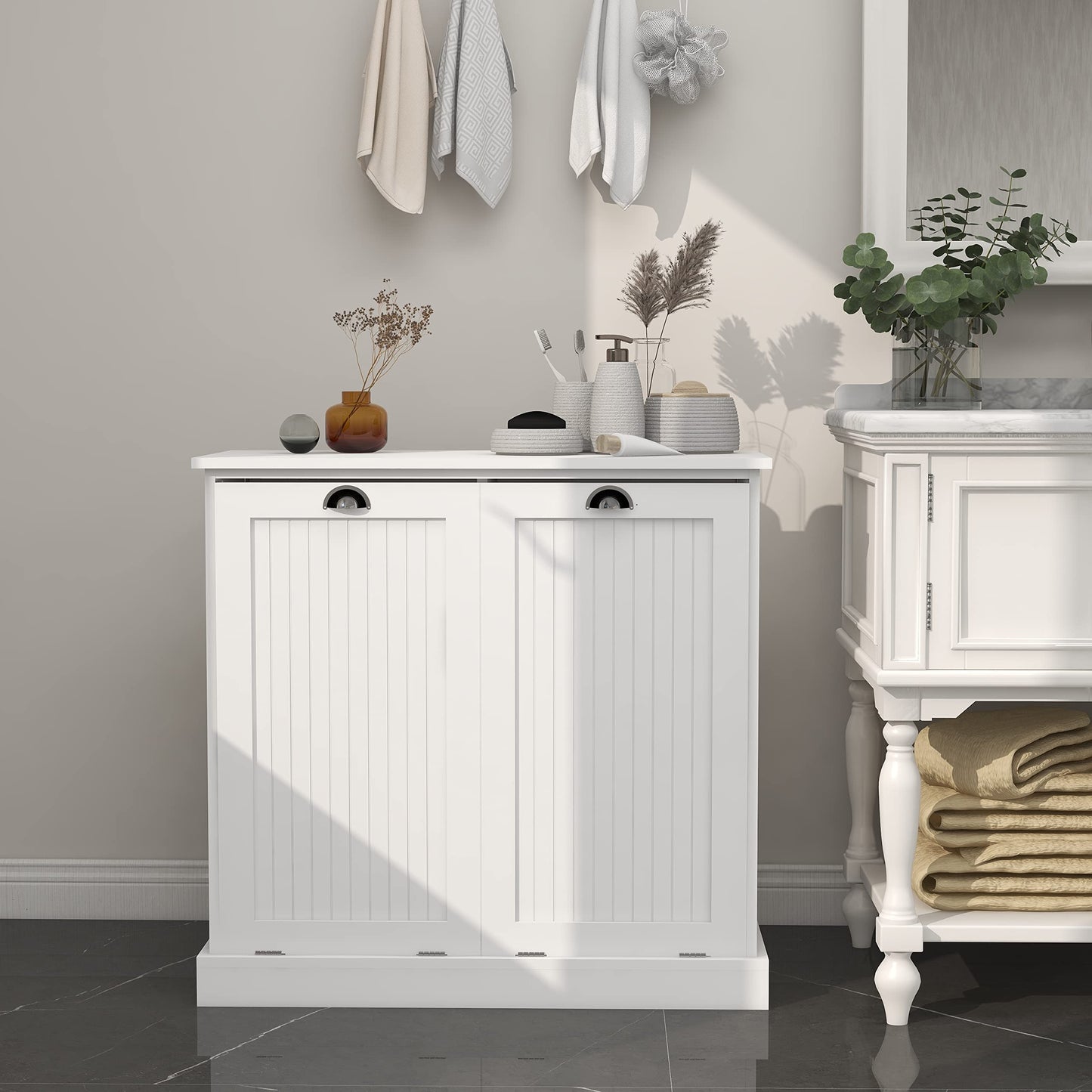 agnixnaf Laundry Sorter Cabinet, Two-Compartment Tilt-Out, for Small Bothroom, White Storage Cabinet