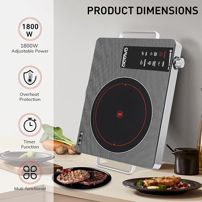 OCTAVO 1800 Watt Portable Infrared Burner, electric burner with 4 Hours Timer, Electric Hot Plate Touch Control Panel Adjustable Heating Power, Glass Cooktop for Cooking