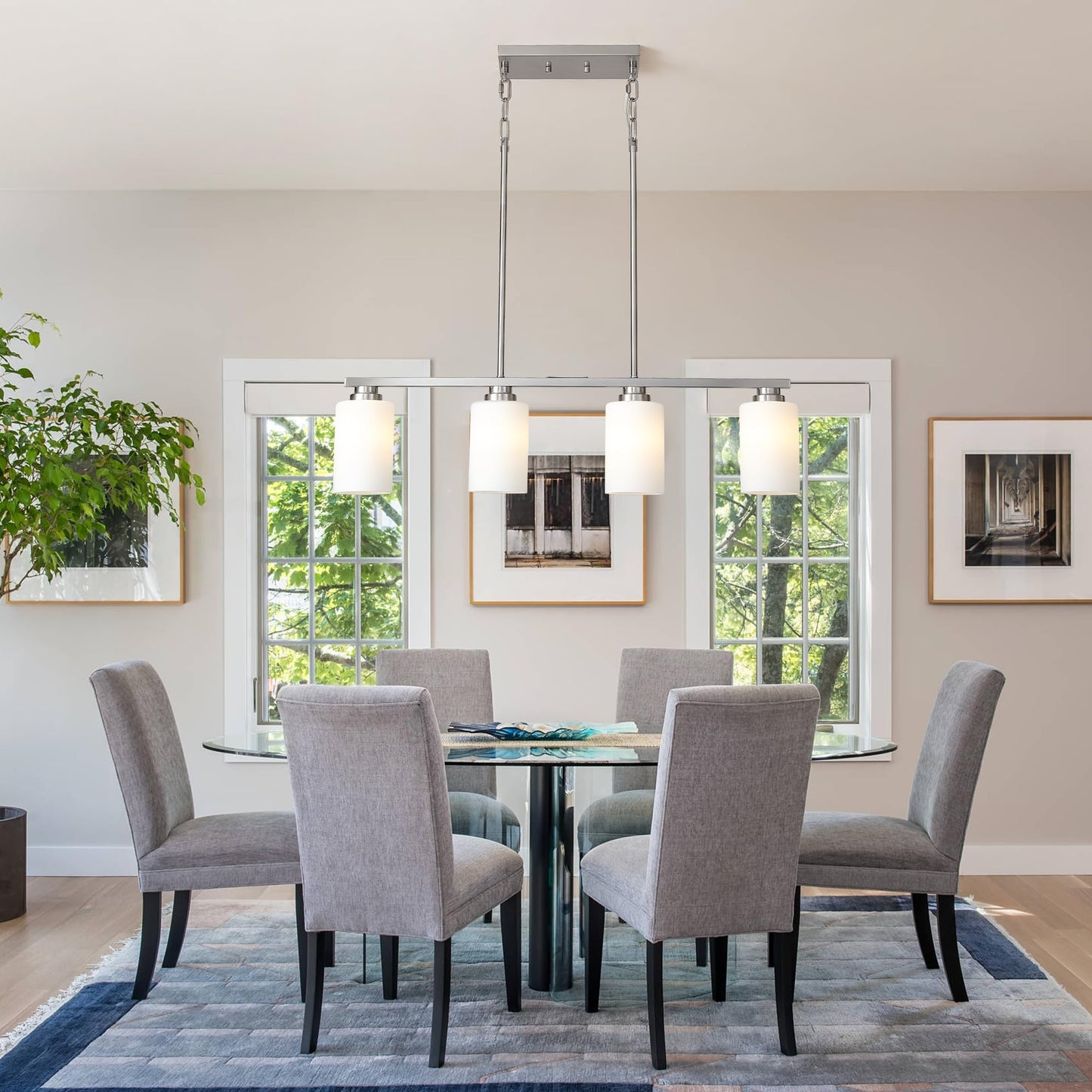 Mecgirn Island Light For Kitchen  Brushed Nickel Dining Room Light Fixture Over Table With Milk Glass Shade  4-Light Linear Chandelier Pendant Lighting For Dining Table Kitchen Island Living Room