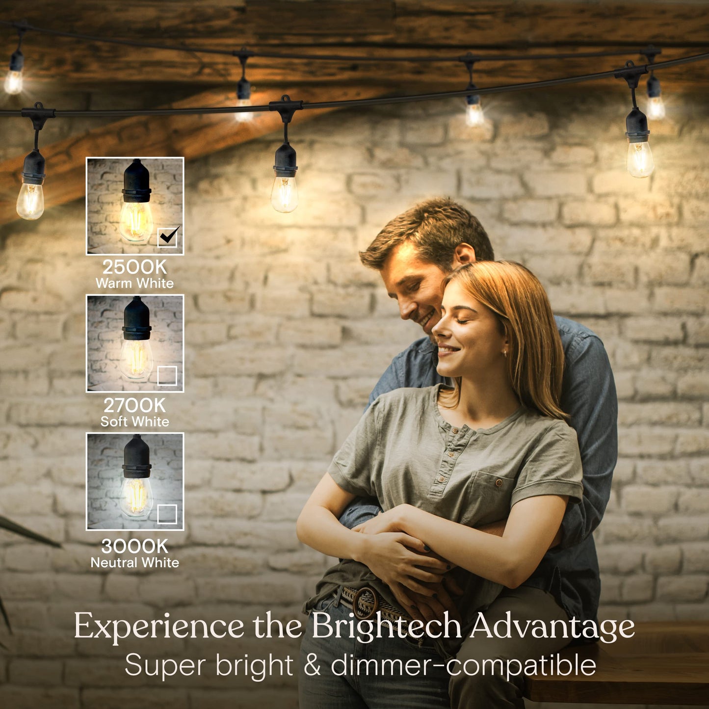 Brightech Ambience Pro LED Outdoor String Lights - 15 Dimmable Vintage Edison Bulbs - 48 FT - Warm White